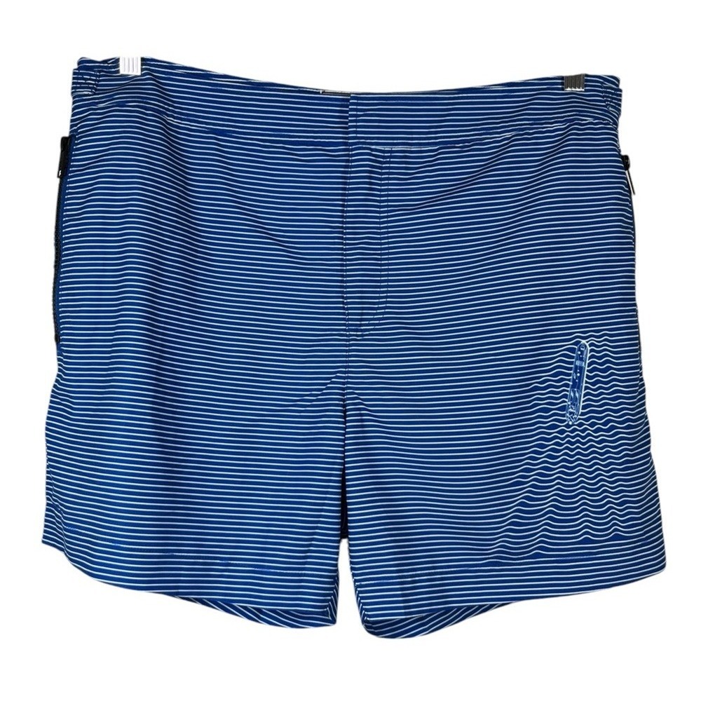 $120 NWT Ted Baker Sz L (4) Swim Trunks Blue Striped Shorts Liner Zip Pockets